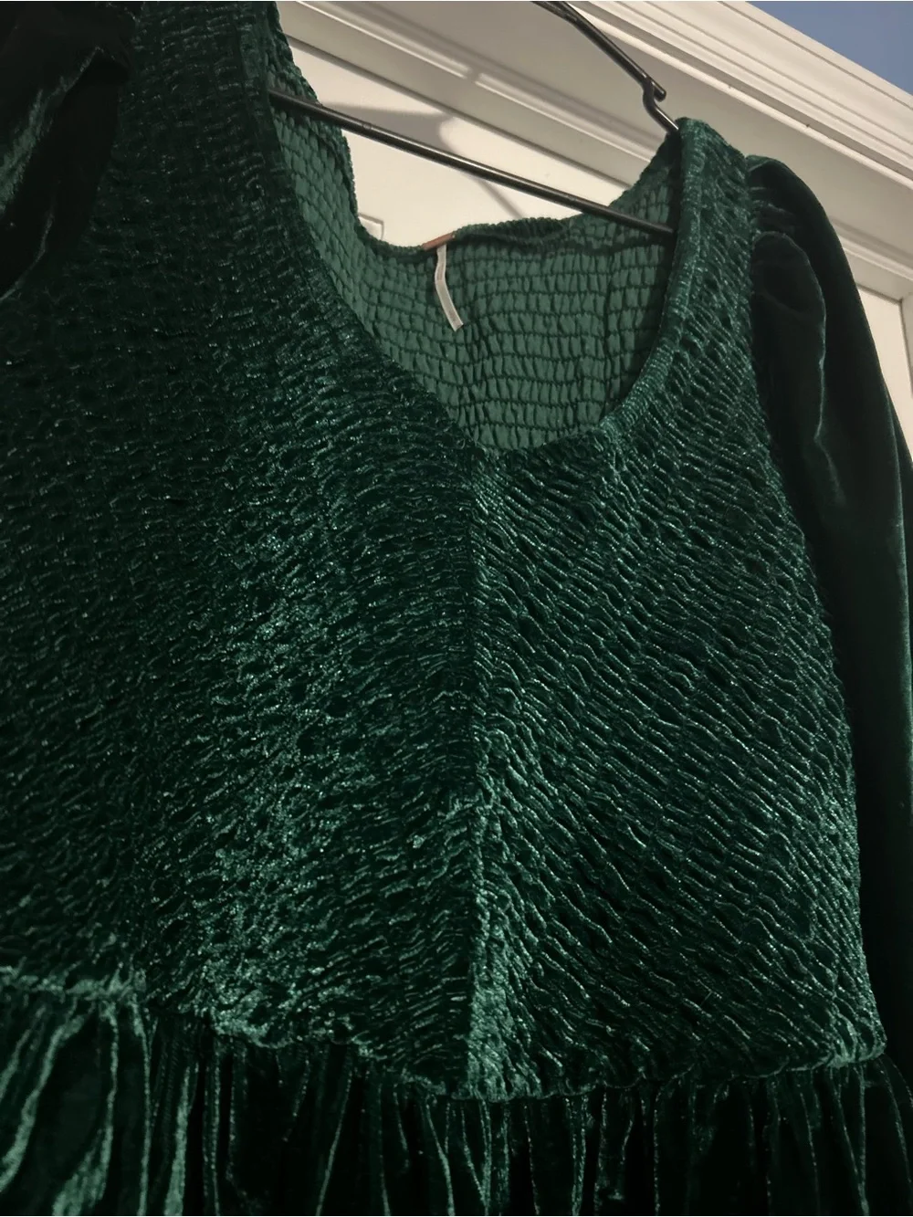Free People large Farrier greenvelvet mini dress Christmas smocked bodice